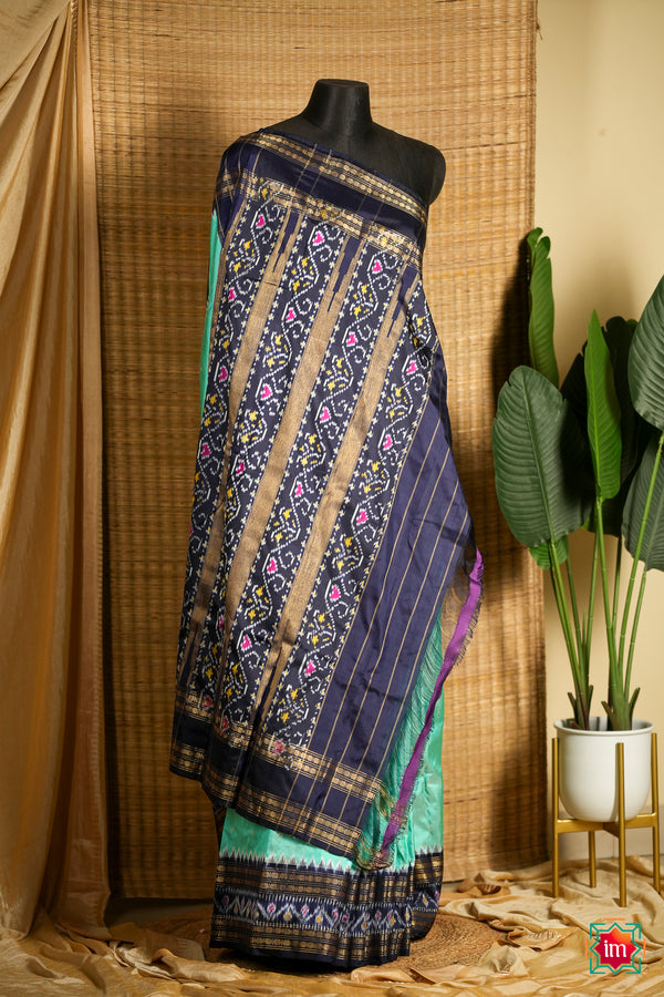 Aqua-with-Blue-Pochampally-Ikkat-Silk-Saree-Devasena-The-Indian-Motif