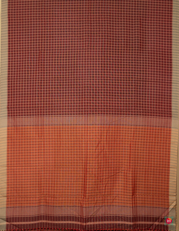 Beet-Beige-Checkered-Handloom-Maheshwari-Cotton-Saree-The-Indian-Motif