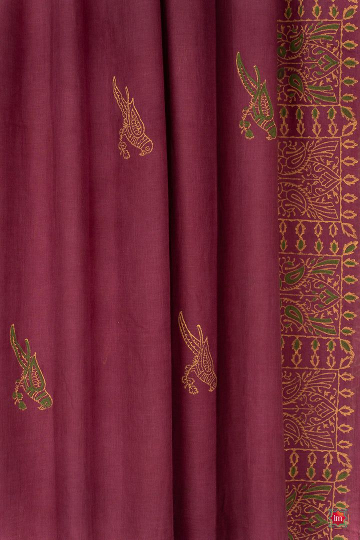 Beet Pink Mul Jugalbandhi Cotton Saree With Handblock Prints Kimaya-2-The Indian Motif