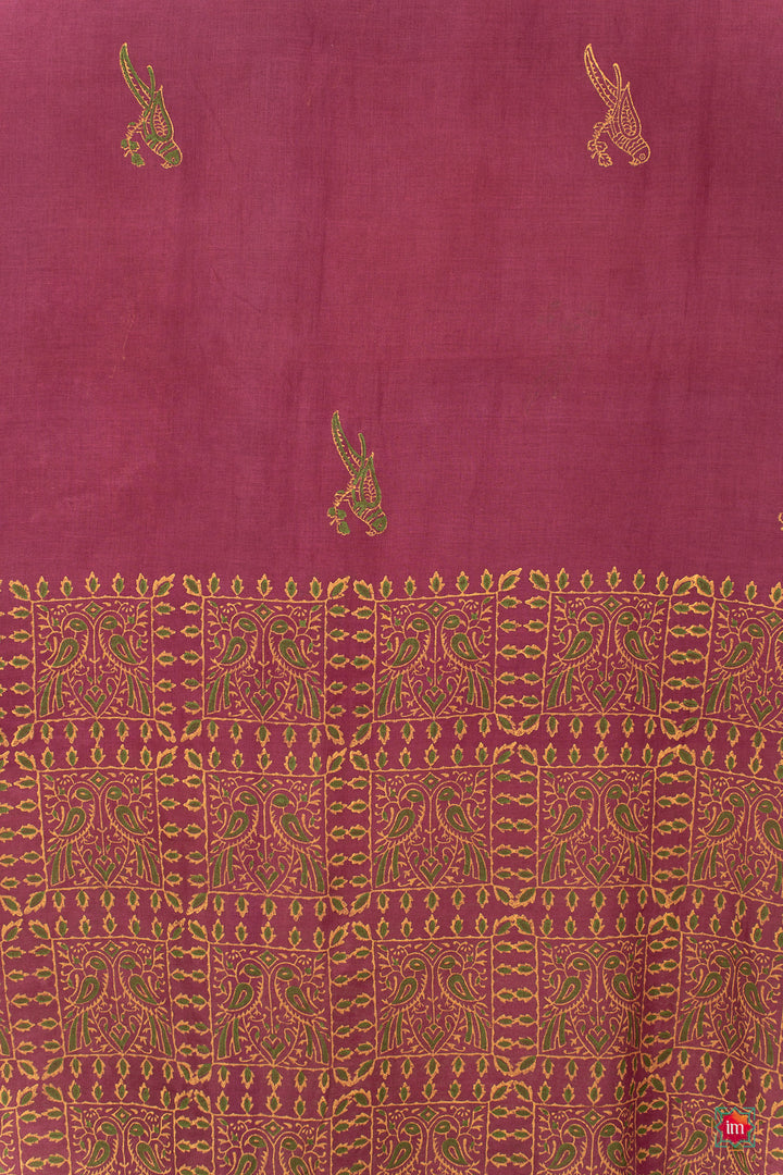 Beet Pink Mul Jugalbandhi Cotton Saree With Handblock Prints Kimaya-3-The Indian Motif
