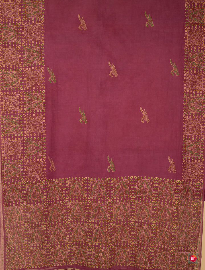 Beet Pink Mul Jugalbandhi Cotton Saree With Handblock Prints Kimaya-The Indian Motif