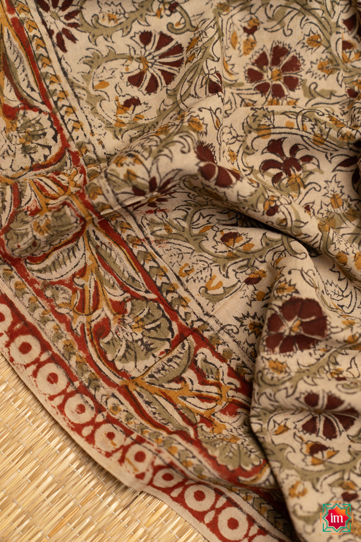 Beige Brown Floral Machilipatnam Handblock Mul Cotton Saree Vismaya-1-The Indian Motif