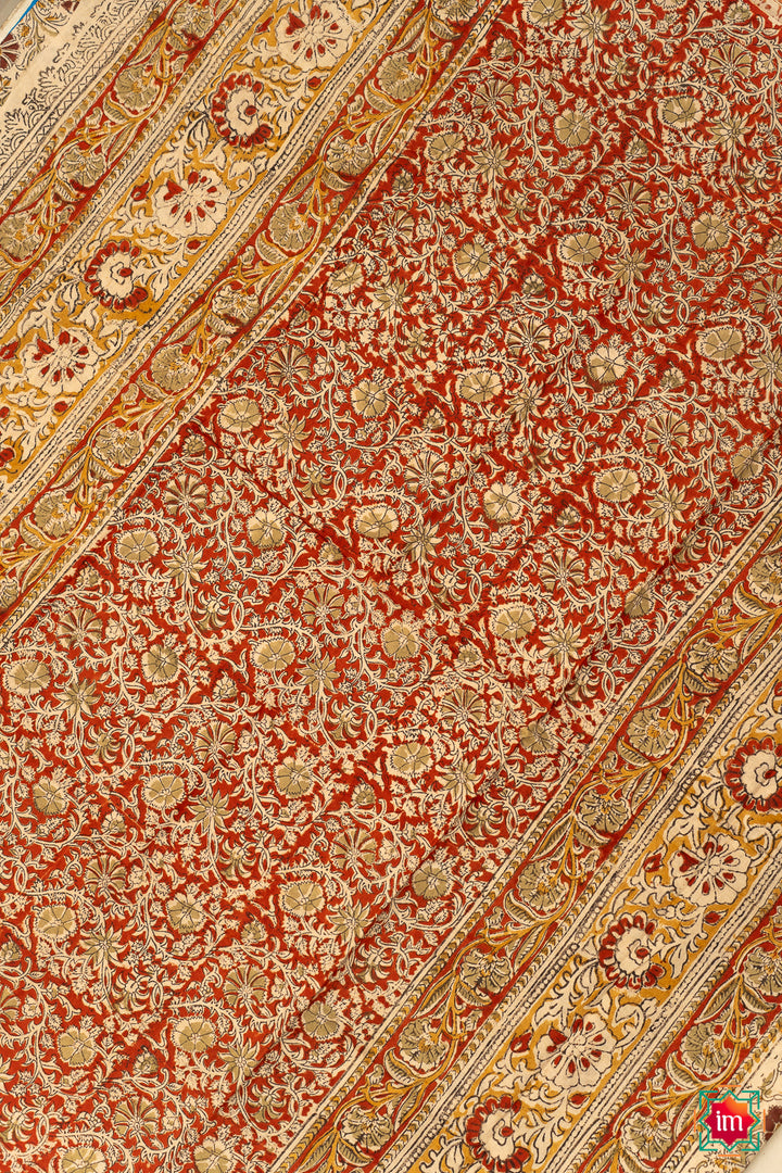 Beige Brown Floral Machilipatnam Handblock Mul Cotton Saree Vismaya-2-The Indian Motif