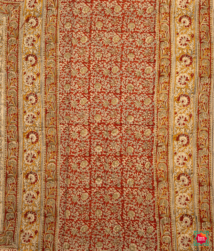 Beige Brown Floral Machilipatnam Handblock Mul Cotton Saree Vismaya-3-The Indian Motif