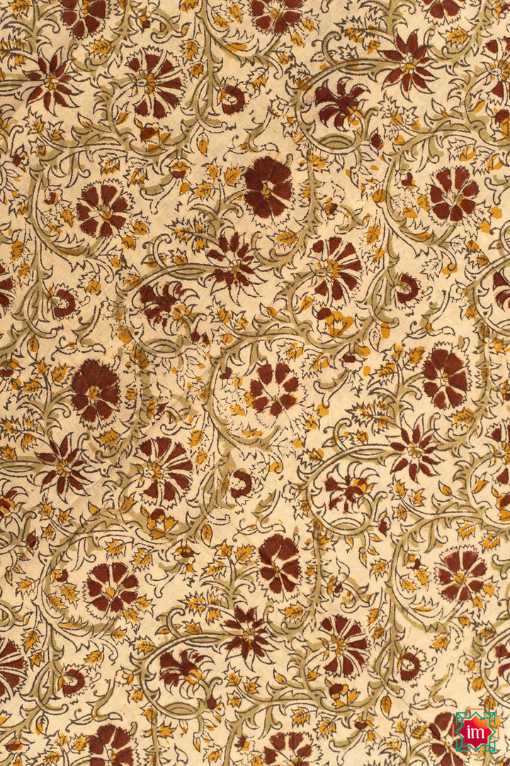 Beige Brown Floral Machilipatnam Handblock Mul Cotton Saree Vismaya-4-The Indian Motif