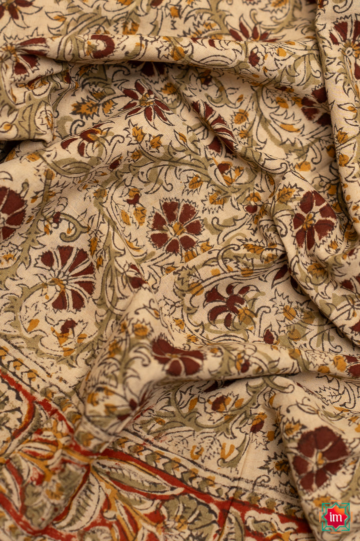 Beige Brown Floral Machilipatnam Handblock Mul Cotton Saree Vismaya-5-The Indian Motif