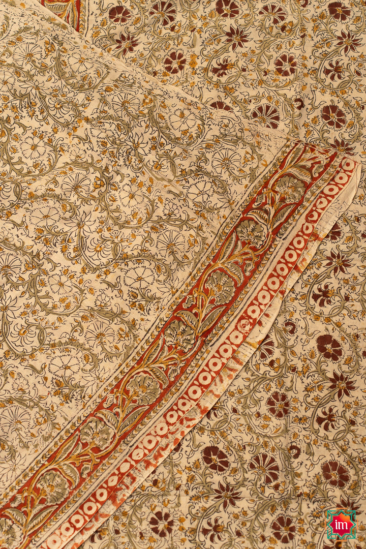 Beige Brown Floral Machilipatnam Handblock Mul Cotton Saree Vismaya-6-The Indian Motif