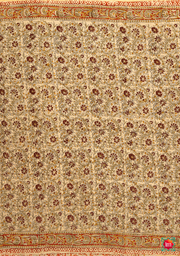 Beige Brown Floral Machilipatnam Handblock Mul Cotton Saree Vismaya-7-The Indian Motif