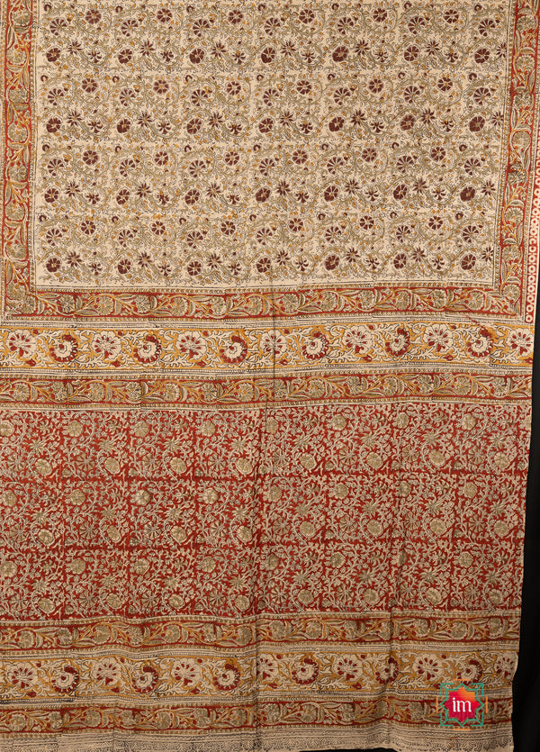 Beige Brown Floral Machilipatnam Handblock Mul Cotton Saree Vismaya-The Indian Motif