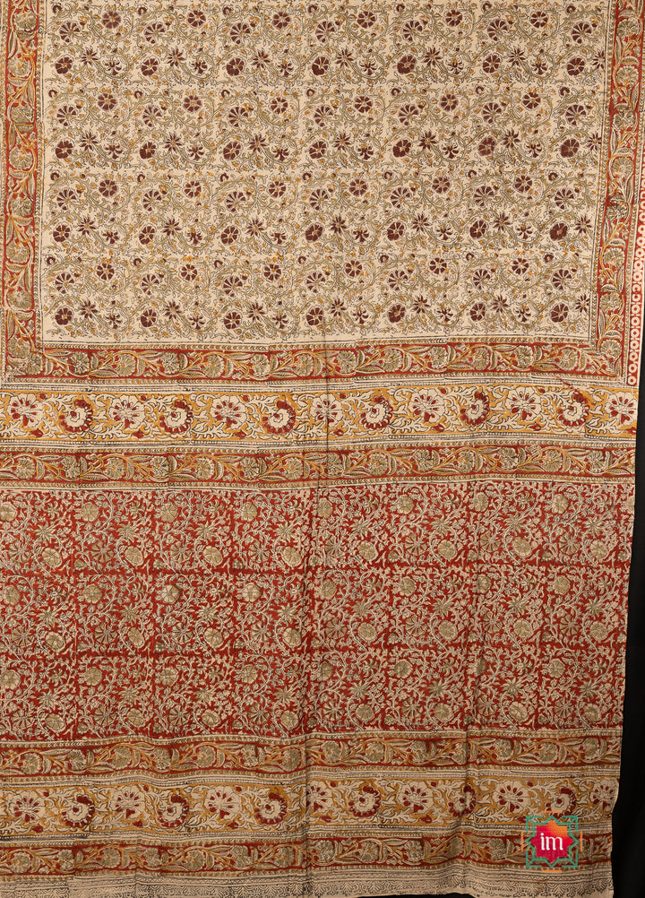 Beige Brown Floral Machilipatnam Handblock Mul Cotton Saree Vismaya-The Indian Motif