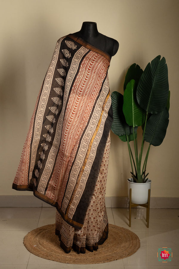 Beige Floral Bagru Handblock Chanderi Silk Cotton Saree-The Indian Motif