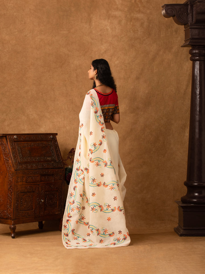 Beige-Hand-Embroidered-Jugalbandhi-Tussar-Cotton-Saree-Desert-Flower-2-The-Indian-Motif