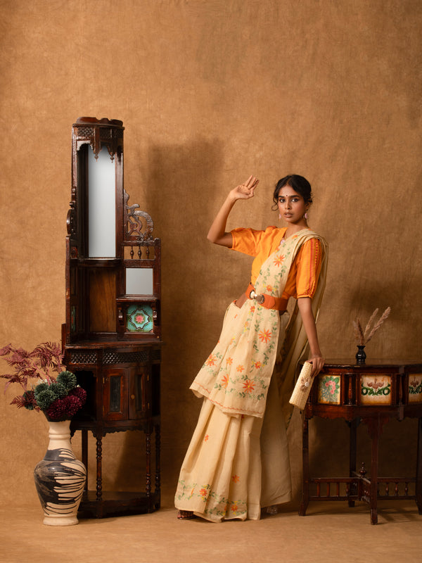 Beige-Hand-Embroidered-Jugalbandhi-Tussar-Cotton-Saree-Sand-Stone-The-Indian-Motif