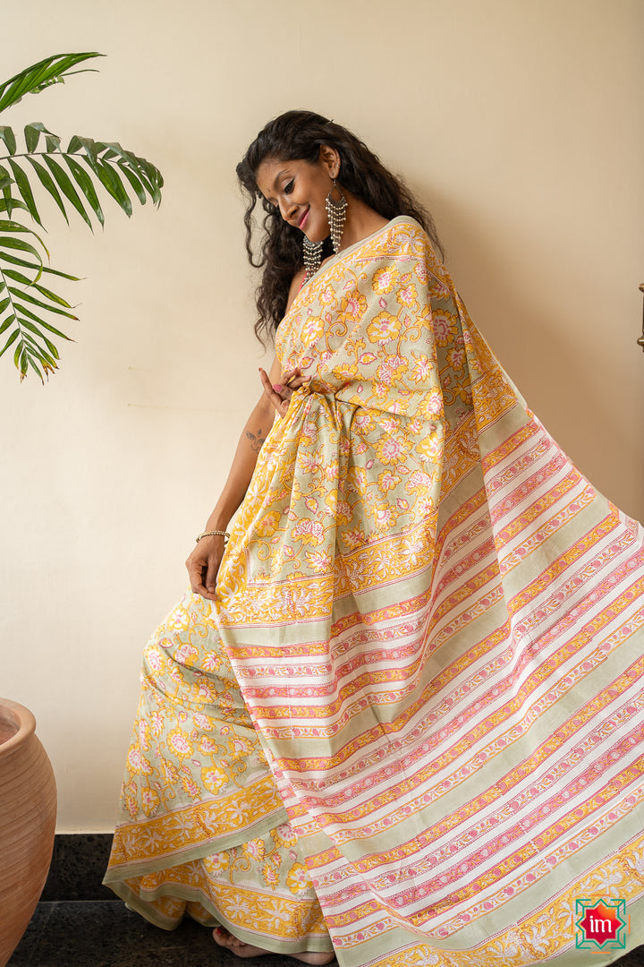 Beige Yellow Floral Bagru Handblock Printed Mul Cotton Saree Bhawra-1-The  Indian Motif