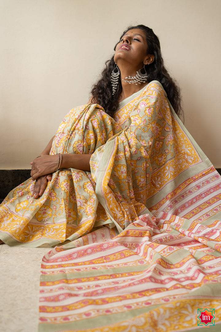 Beige Yellow Floral Bagru Handblock Printed Mul Cotton Saree Bhawra-2-The  Indian Motif
