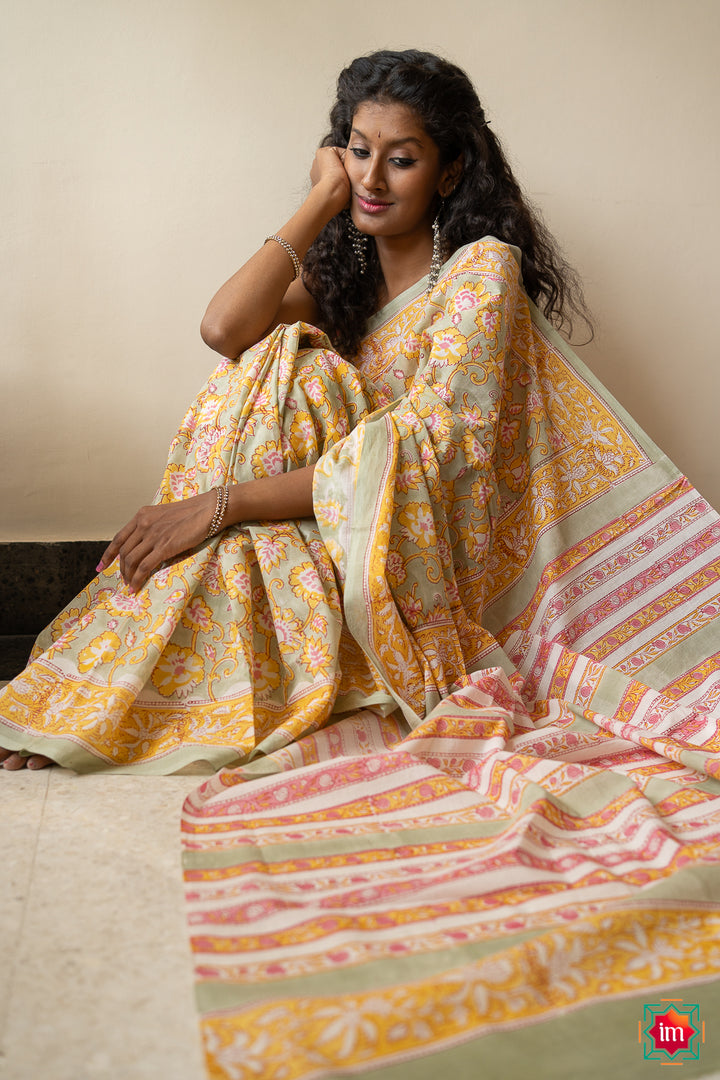 Beige Yellow Floral Bagru Handblock Printed Mul Cotton Saree Bhawra-3-The  Indian Motif