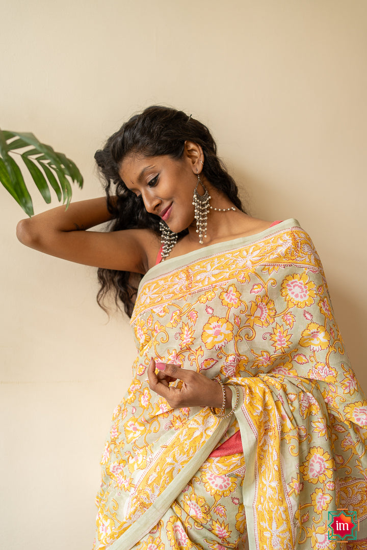 Beige Yellow Floral Bagru Handblock Printed Mul Cotton Saree Bhawra-The  Indian Motif