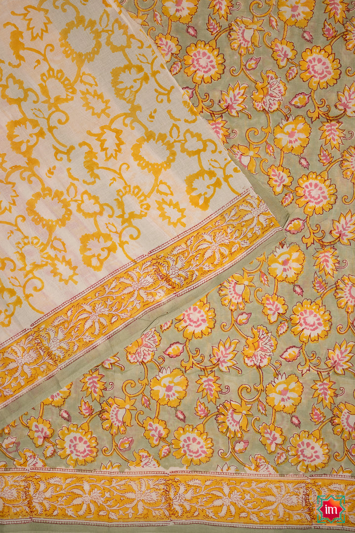 Beige Yellow Floral Bagru Handblock Printed Mul Cotton Saree Bhawra-4-The  Indian Motif