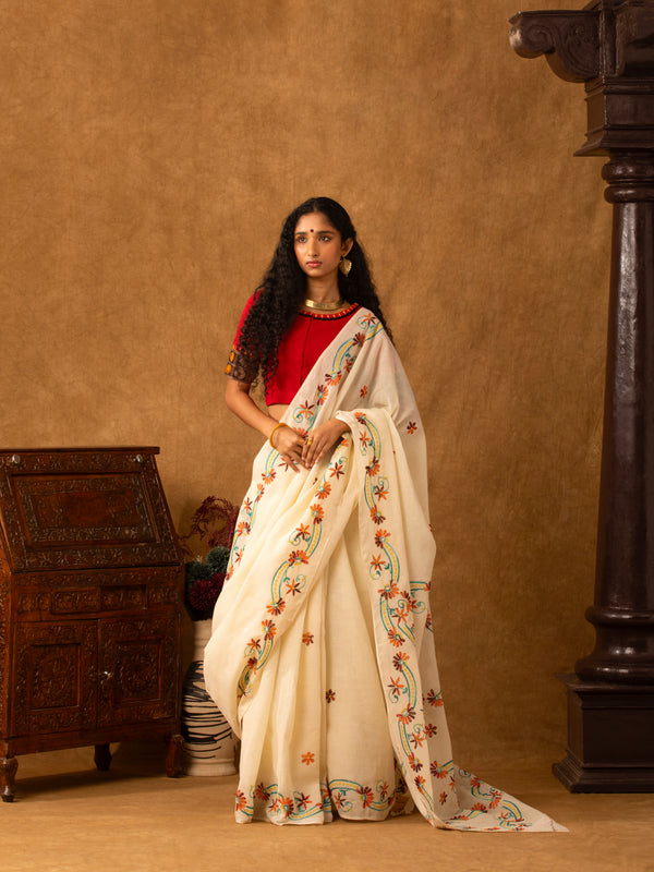 Beige-Hand-Embroidered-Jugalbandhi-Tussar-Cotton-Saree-Desert-Flower-The-Indian-Motif