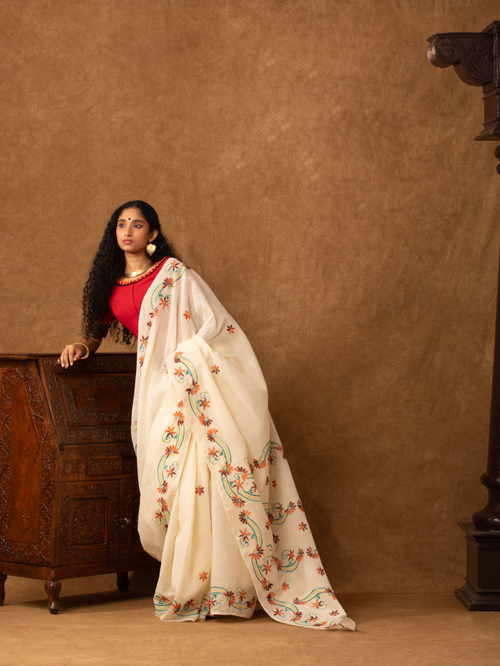 Beige-Hand-Embroidered-Jugalbandhi-Tussar-Cotton-Saree-Desert-Flower-1-The-Indian-Motif