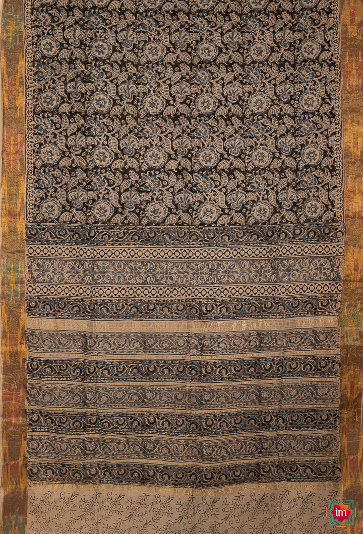 Black-and-Blue-Floral-Machilipatnam-Handblock-Mul-Cotton-Saree-Jheel-The-Indian-Motif