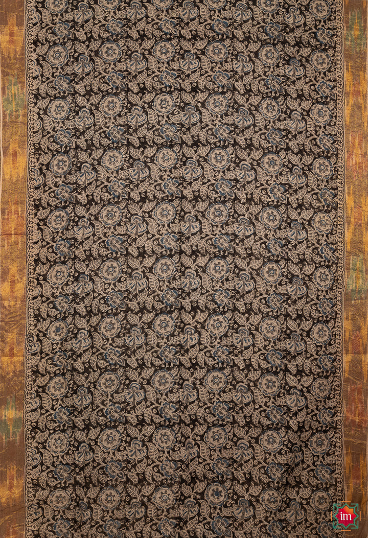 Black-and-Blue-Floral-Machilipatnam-Handblock-Mul-Cotton-Saree-Jheel-1-The-Indian-Motif