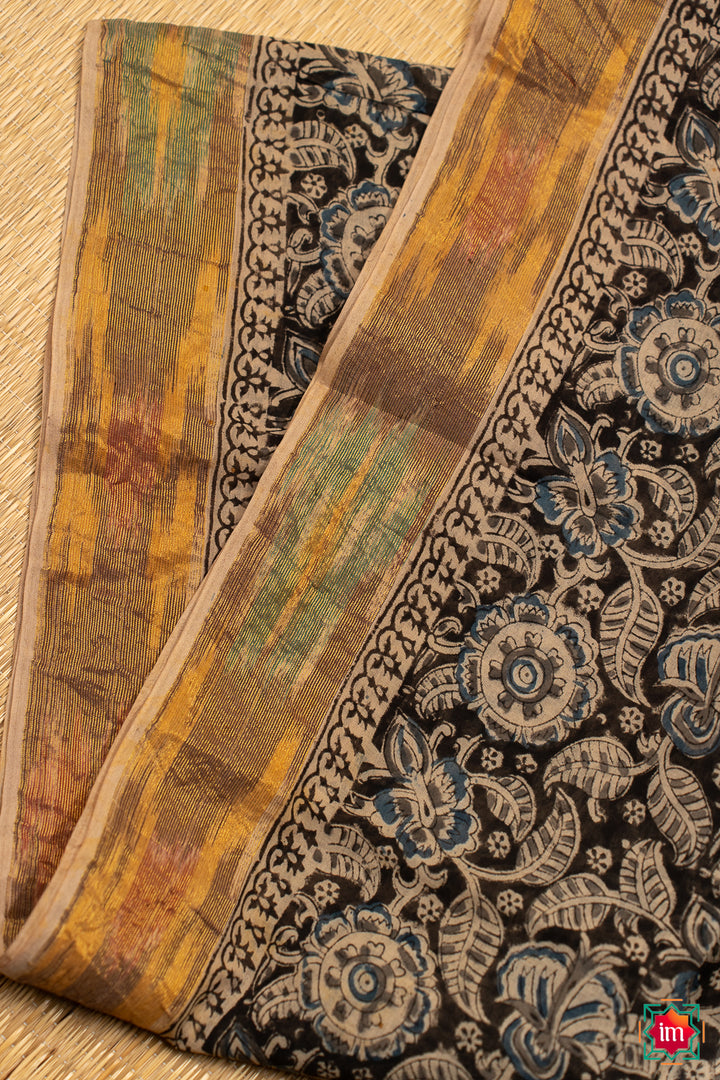 Black-and-Blue-Floral-Machilipatnam-Handblock-Mul-Cotton-Saree-Jheel-3-The-Indian-Motif