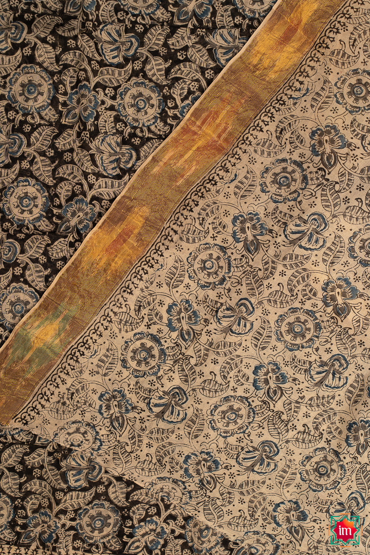 Black-and-Blue-Floral-Machilipatnam-Handblock-Mul-Cotton-Saree-Jheel-7-The-Indian-Motif