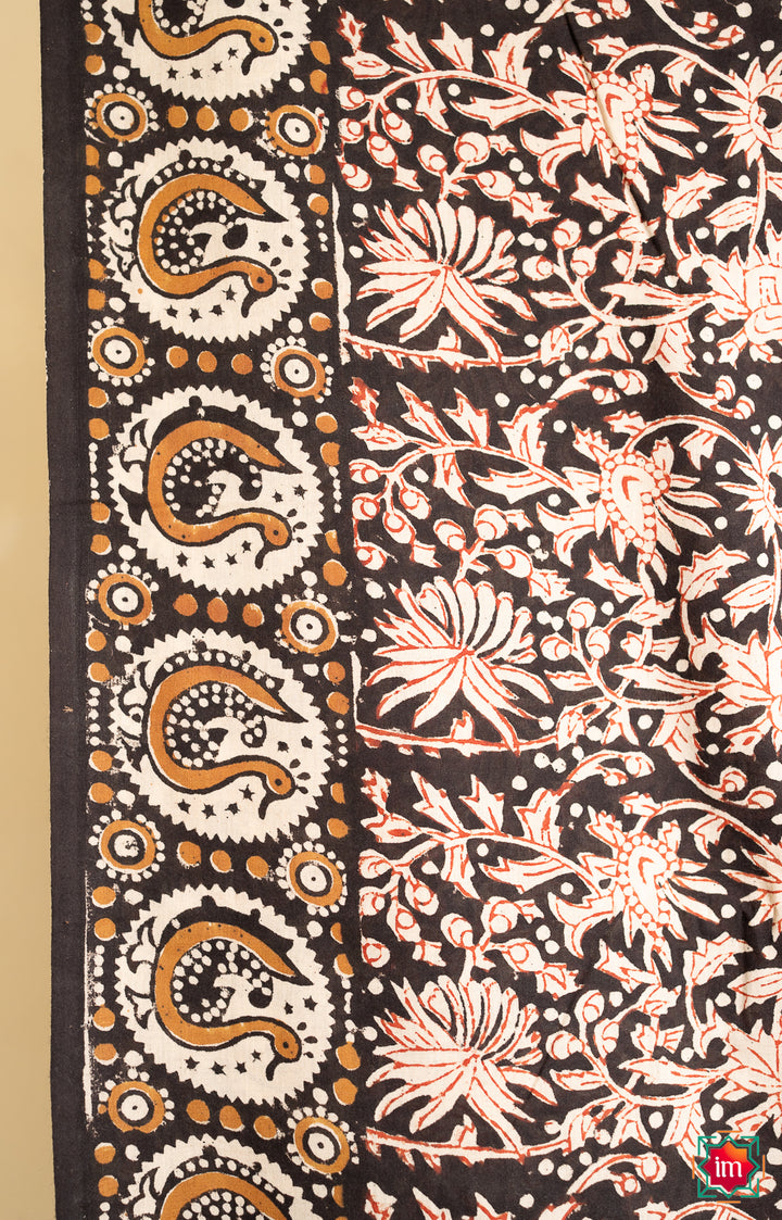 Black Floral Bagru Handblock Printed Mul Cotton Saree Taare-2-The Indian Motif