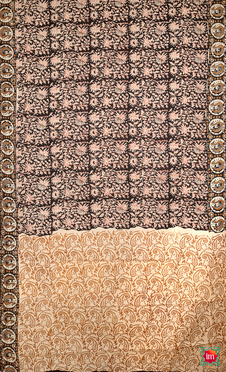 Black Floral Bagru Handblock Printed Mul Cotton Saree Taare-4-The Indian Motif