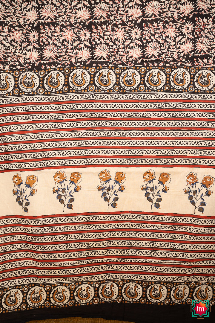 Black Floral Bagru Handblock Printed Mul Cotton Saree Taare-1-The Indian Motif