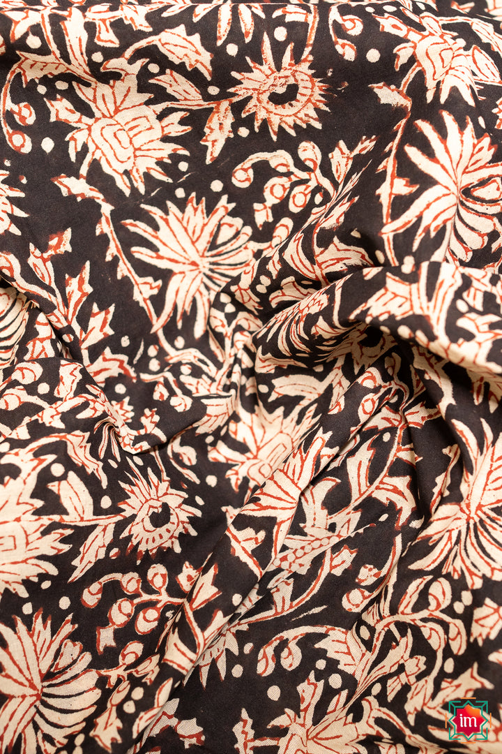 Black Floral Bagru Handblock Printed Mul Cotton Saree Taare-3-The Indian Motif