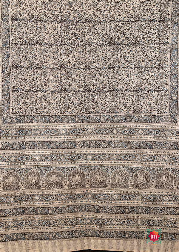 Black Grey Floral Machilipatnam Handblock Mul Cotton Saree Kohra-The Indian Motif