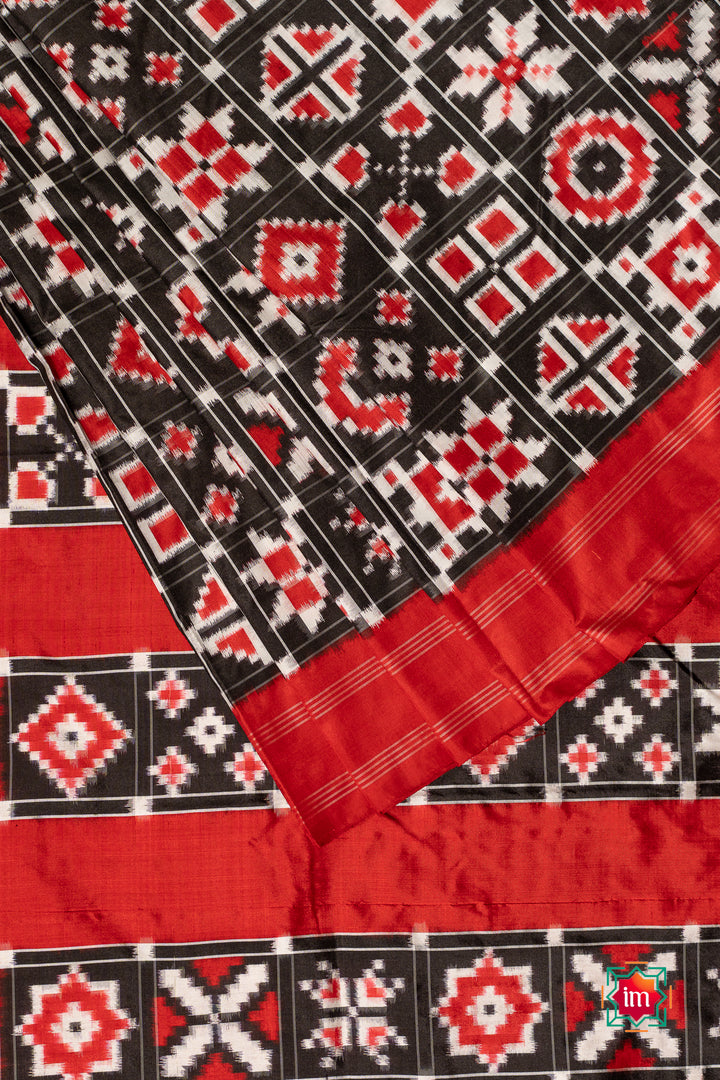 Black Red Telia Rumal Inspired Pochampally Double Ikkat Silk Saree Charminar-1-The Indian Motif