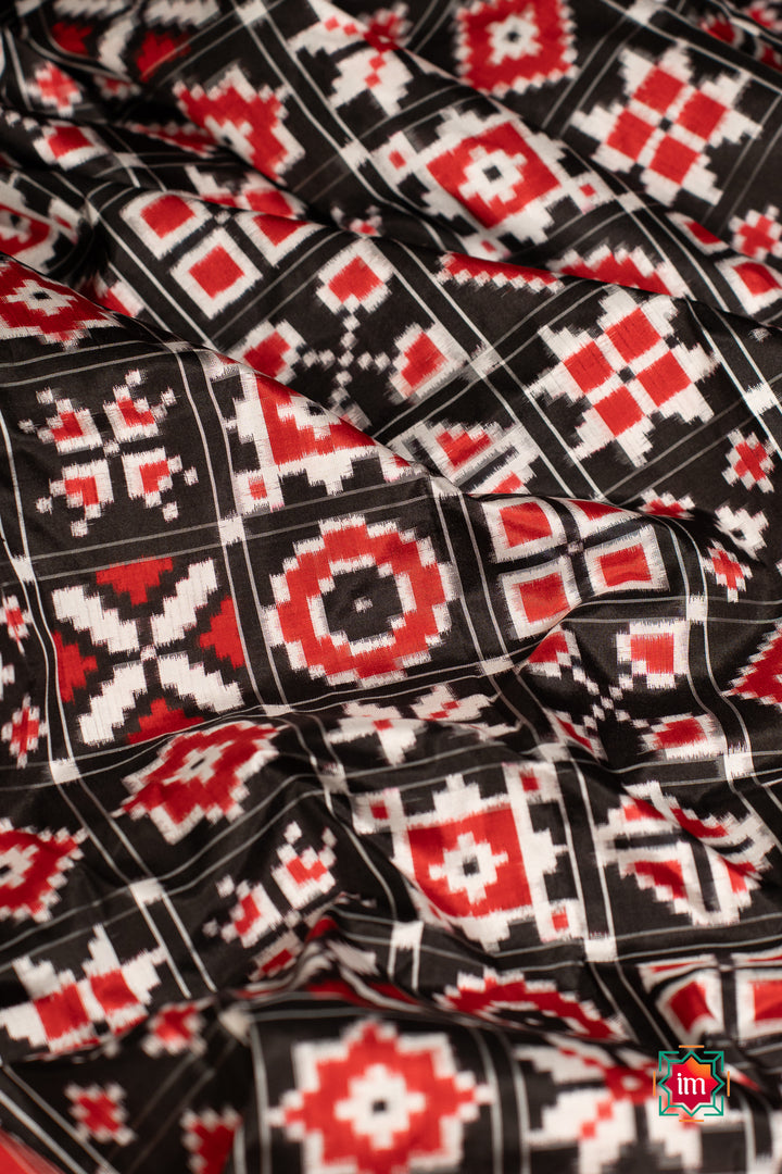 Black Red Telia Rumal Inspired Pochampally Double Ikkat Silk Saree Charminar-2-The Indian Motif