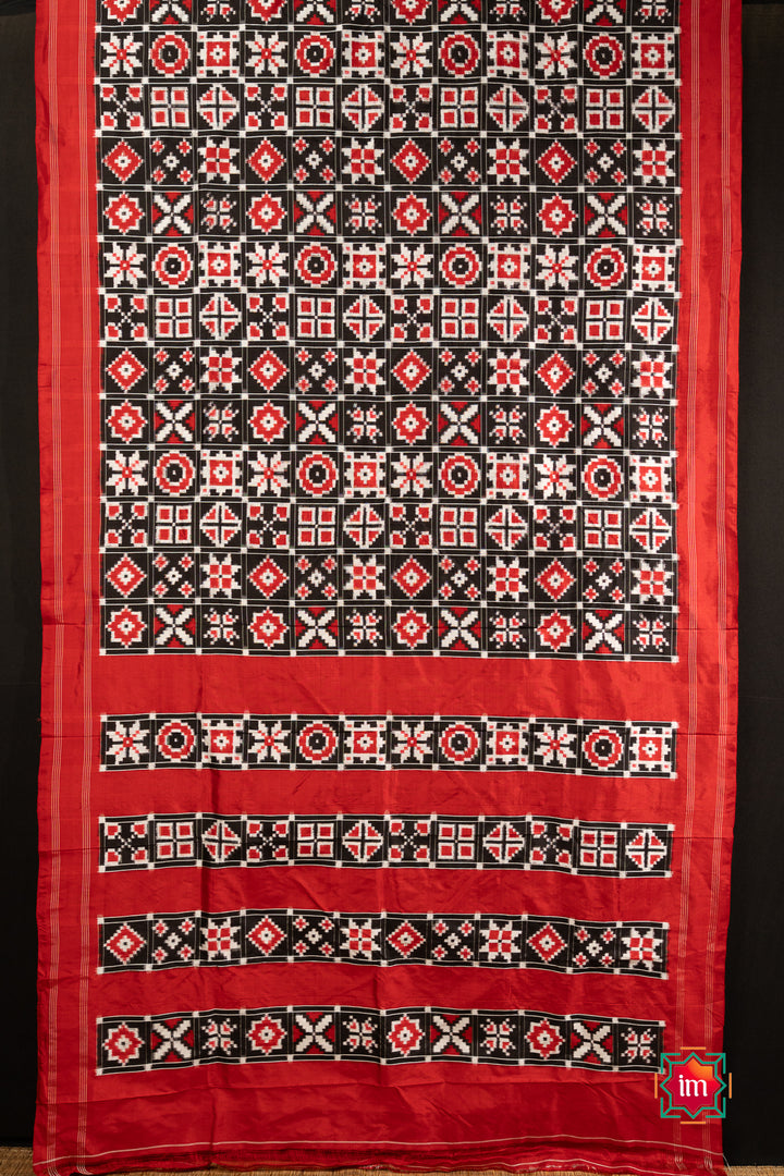 Black Red Telia Rumal Inspired Pochampally Double Ikkat Silk Saree Charminar-5-The Indian Motif