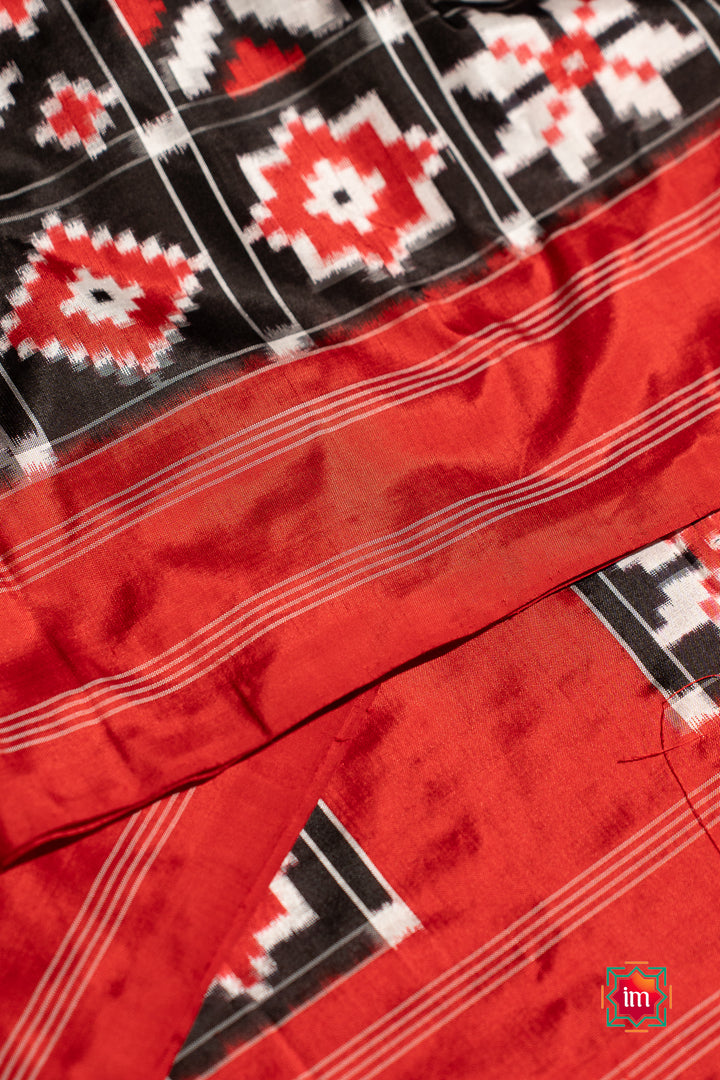 Black Red Telia Rumal Inspired Pochampally Double Ikkat Silk Saree Charminar-9-The Indian Motif