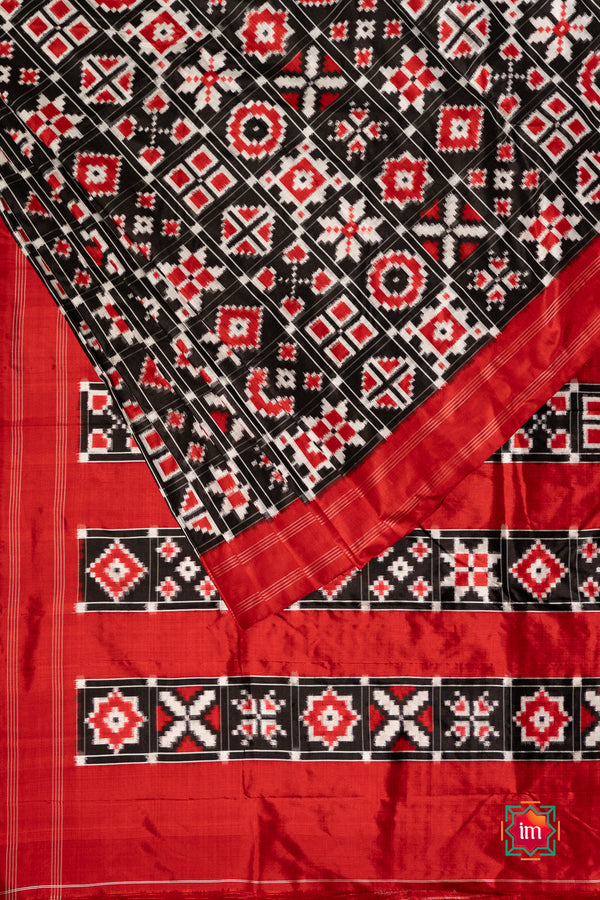 Black Red Telia Rumal Inspired Pochampally Double Ikkat Silk Saree Charminar-The Indian Motif
