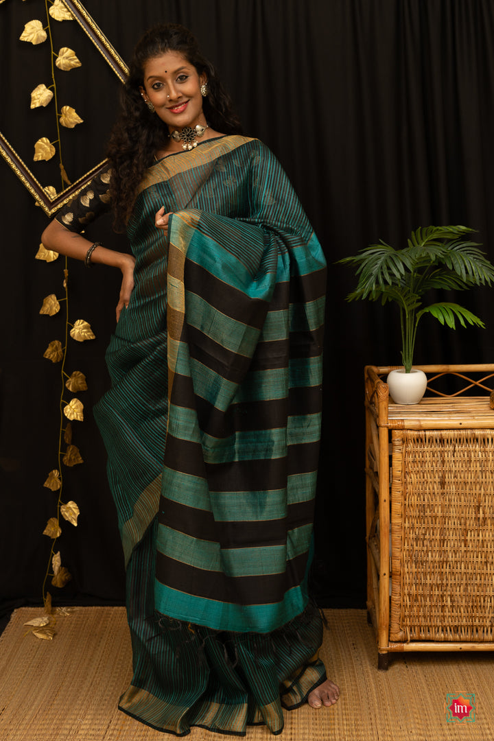 Black-Sea-green-Bhagalpur-Tusssar-Silk-Saree-Sameera-1-The-Indian-Motif