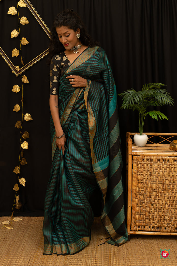 Black-Sea-green-Bhagalpur-Tusssar-Silk-Saree-Sameera-4-The-Indian-Motif