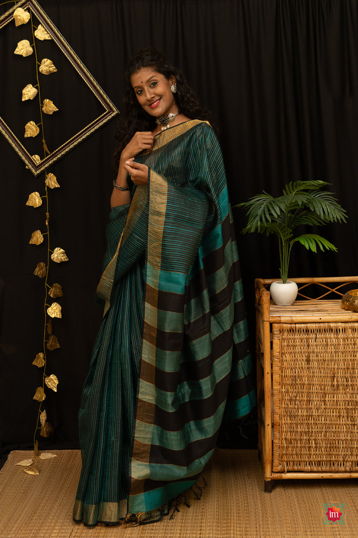 Black-Sea-green-Bhagalpur-Tusssar-Silk-Saree-Sameera-The-Indian-Motif