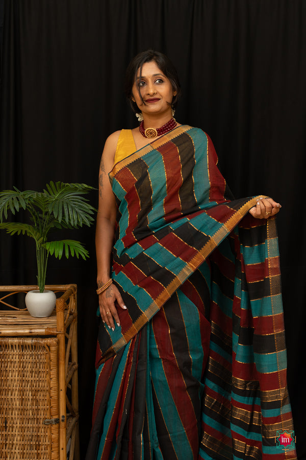 Black-Stripes-Mangalgiri-Cotton-Saree-Niroopa-The-Indian-motif