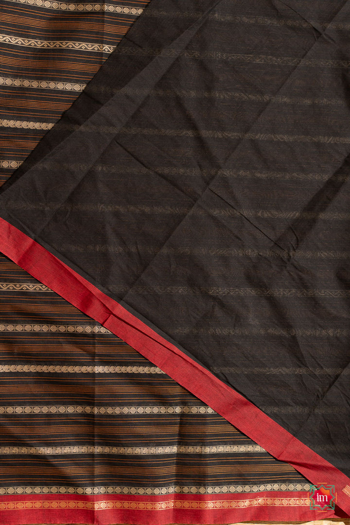 Black-with-Red-Veldhari-Kanchi-Cotton-Saree-With-Zari-Valli-7-The-Indian-Motif