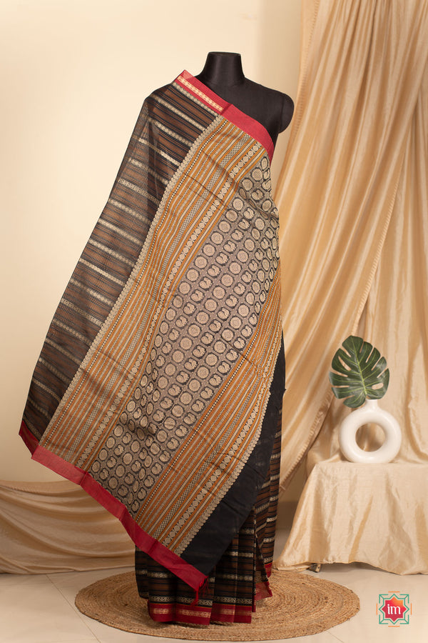 Black-with-Red-Veldhari-Kanchi-Cotton-Saree-With-Zari-Valli-The-Indian-otif