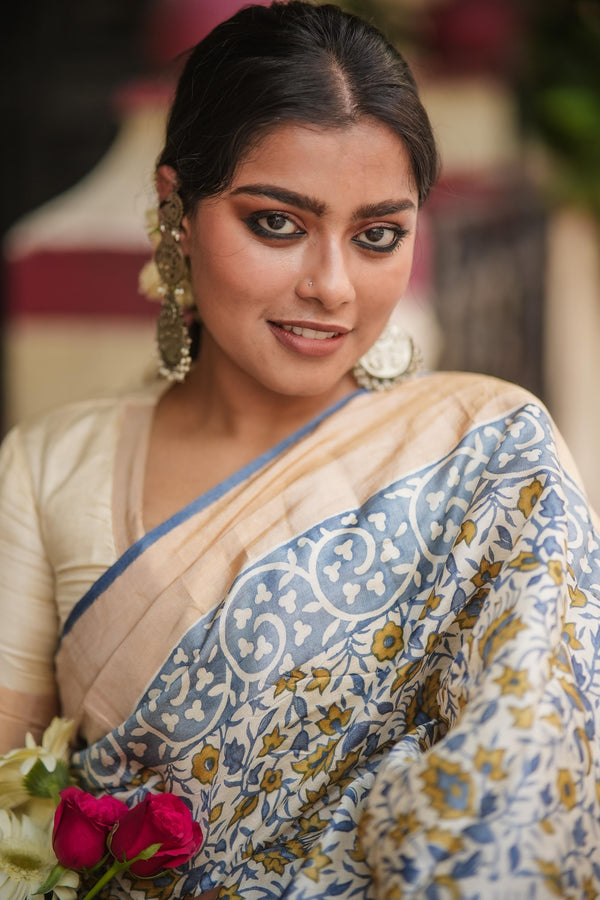 Indie-Bloom-Tussar-Silk-Block-Print-Saree-The-Indian-Motfi