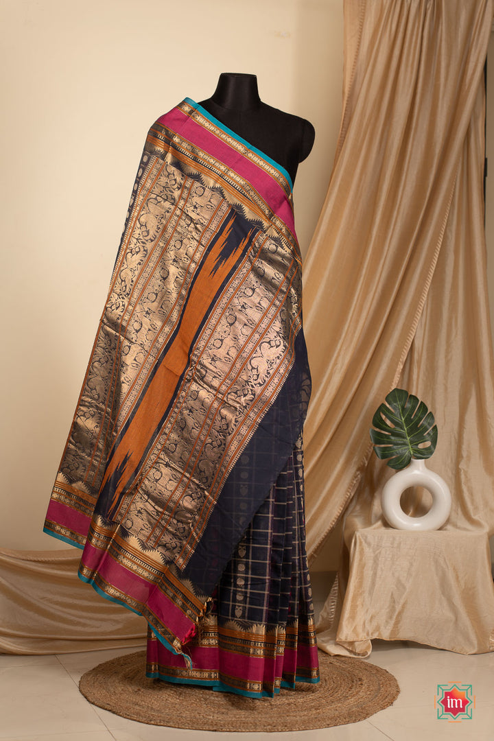 Blue-1000-Butta-Grand-Kanchi-Cotton-Saree-With-Zari-Mohini-The-Indian-Motif
