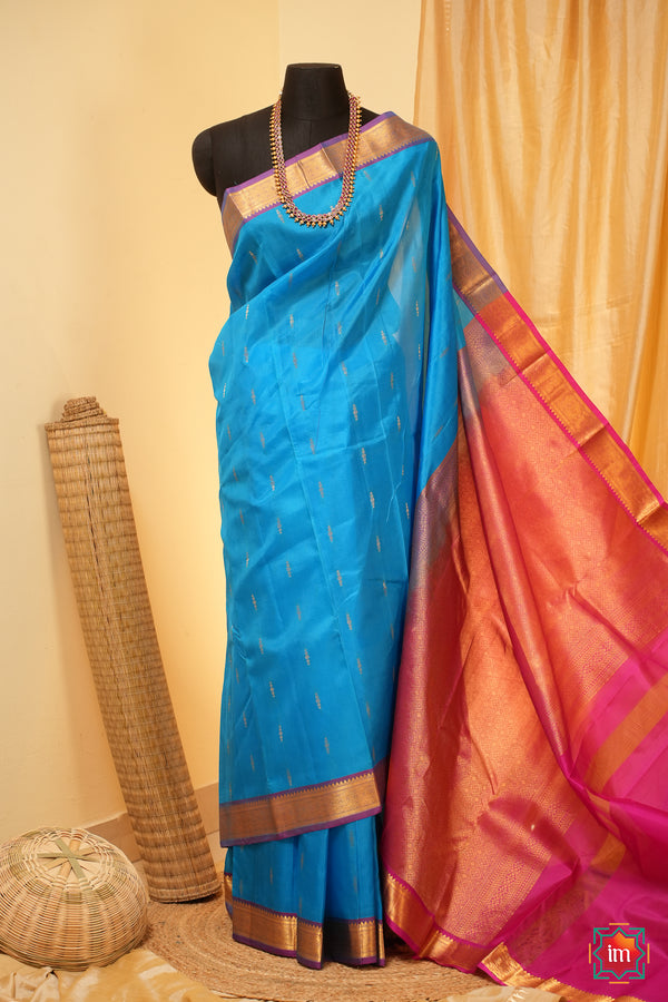 Blue-doubleshade-With-Pink-Kanjivaram-Handloom-Saree-Ananya-The-Indian-Motif