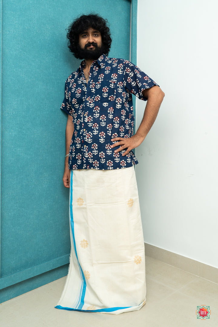 Blue-Floral-Bagru-Handblock-Printed-Cotton-Mens-Shirt-Tamburan-1-The-Indian-Motif