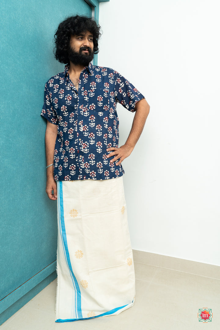 Blue-Floral-Bagru-Handblock-Printed-Cotton-Mens-Shirt-Tamburan-2-The-Indian-Motif