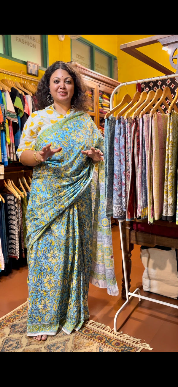 Blue Floral Sanganer Mul Cotton Saree Teri Bindiya Re-The Indian Motif